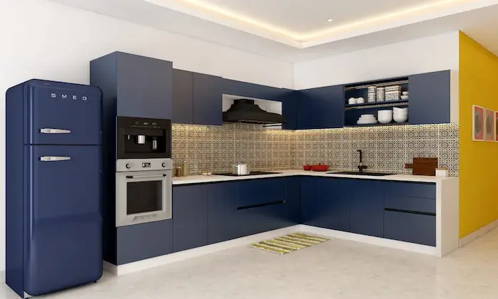 Close-up of heritage style raised panel kitchen cabinet doors with brushed gold hardware installed in Sunnyvale CA