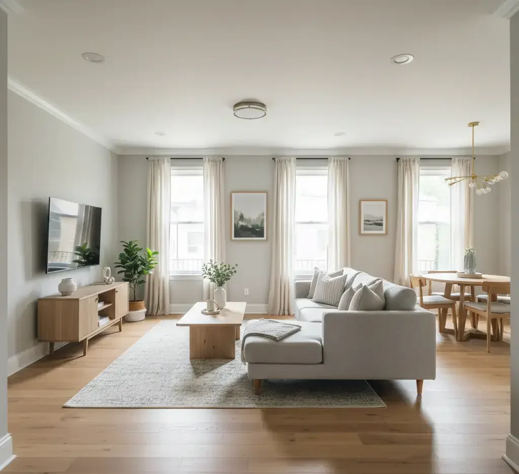 Home remodeling services in Sunnyvale California showing a bright updated living room with recessed lighting, accent walls, and new built-in shelving