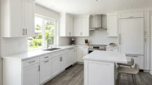 Modern 10x10 kitchen remodel in Sunnyvale with white cabinets and quartz countertops