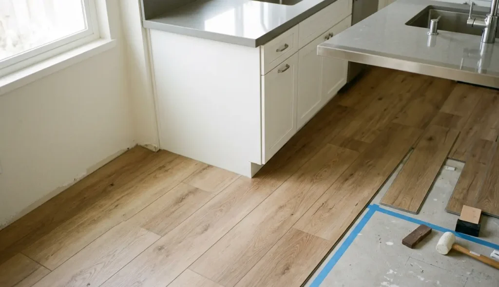 New kitchen flooring during Sunnyvale kitchen remodel showing luxury vinyl plank installation