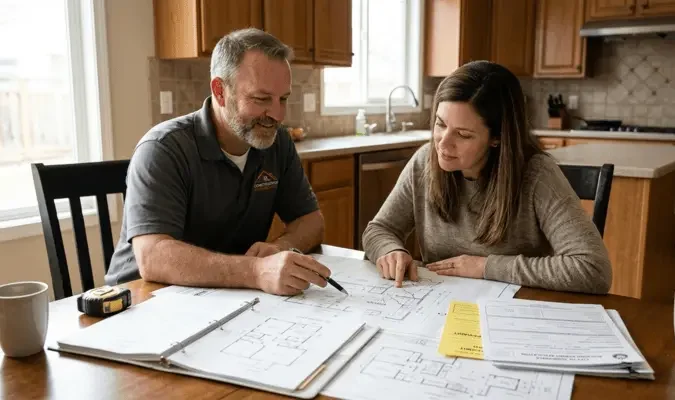 Contractor and homeowner reviewing kitchen remodel permit plans in Sunnyvale California