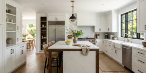 Modern kitchen remodel in Sunnyvale CA with white cabinets and quartz countertops