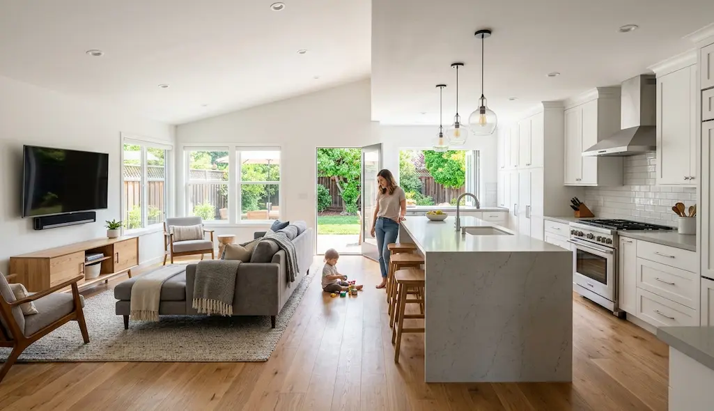 Sunnyvale whole home remodeling showing open-concept kitchen connected to living room after renovation