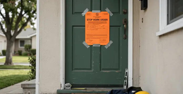 Stop work order posted on home during unpermitted kitchen remodel in Sunnyvale CA