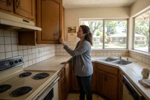 Remodeled kitchen in Sunnyvale CA with navy cabinets, gold fixtures, and quartz island