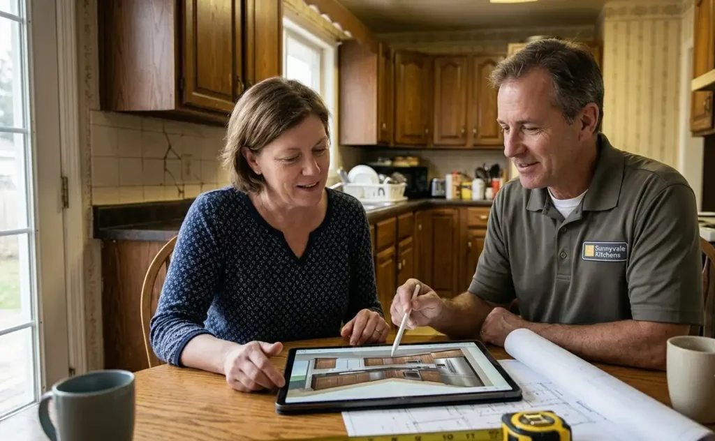 Sunnyvale homeowner reviewing 3D kitchen remodel design with contractor