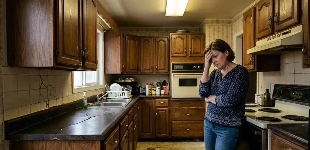 Outdated Sunnyvale kitchen before remodeling with worn cabinets and cracked countertop