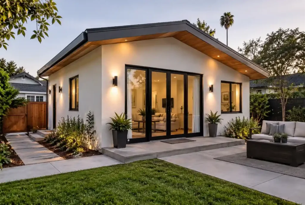 Newly remodeled ADU exterior by Prime Remodel featuring modern facade, private entrance, and landscaped backyard