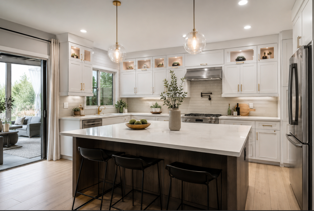 Luxury kitchen remodel with custom cabinetry and quartz countertops